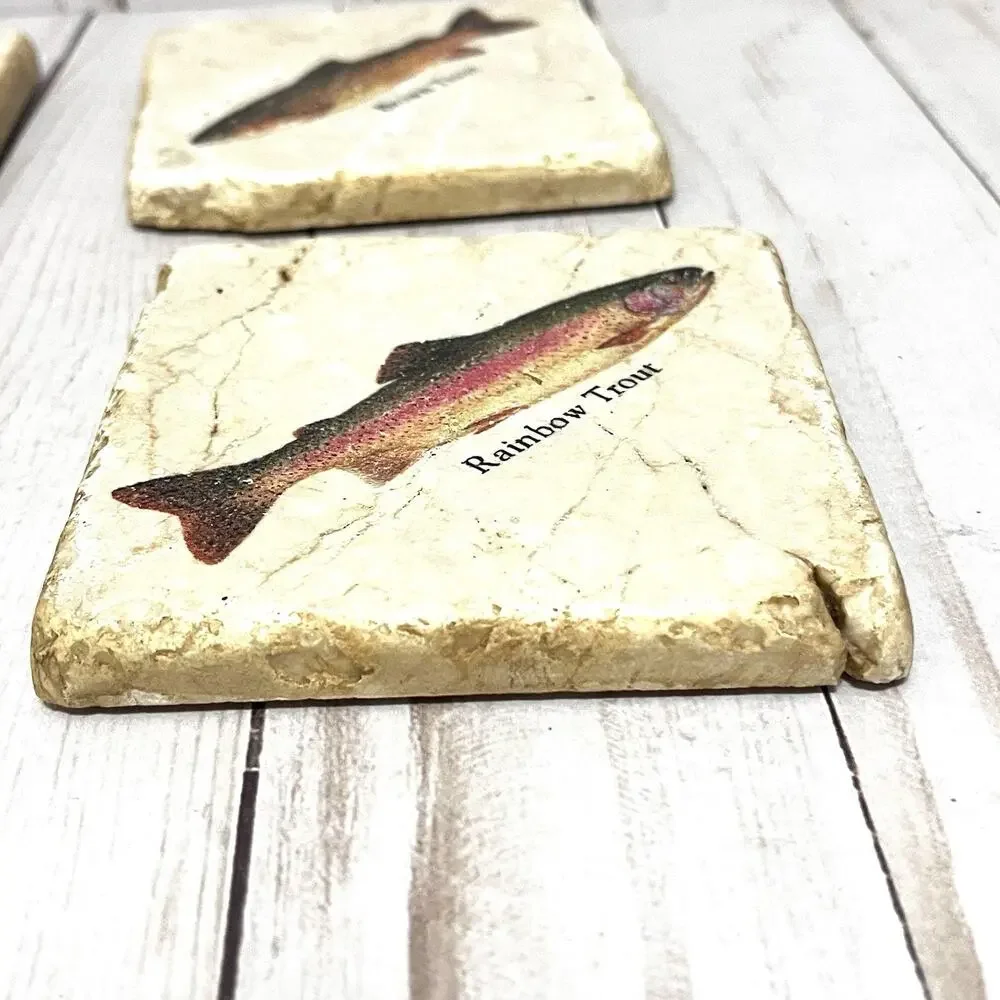 Studio Vertu Stone Coaster Set 4 Fish Salmon Trout Travertine Rustic Lodge Decor